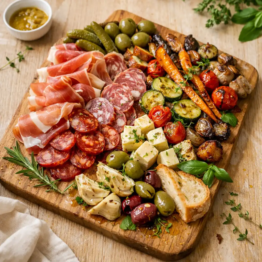 Planche de charcuteries artisanales et légumes rôtis à partager