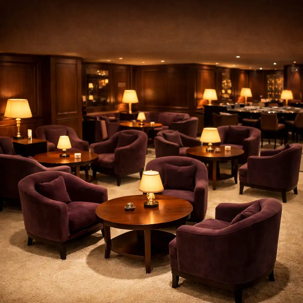 Salon de casino élégant avec fauteuils en velours aubergine, tables en noyer et éclairage tamisé