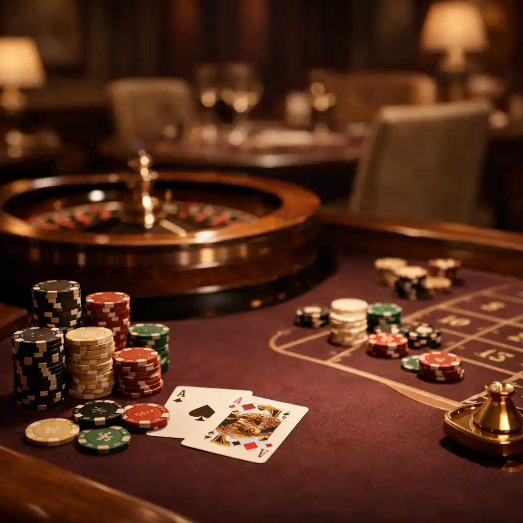 Table de poker physique dans un casino élégant avec des jetons et une lumière tamisée
