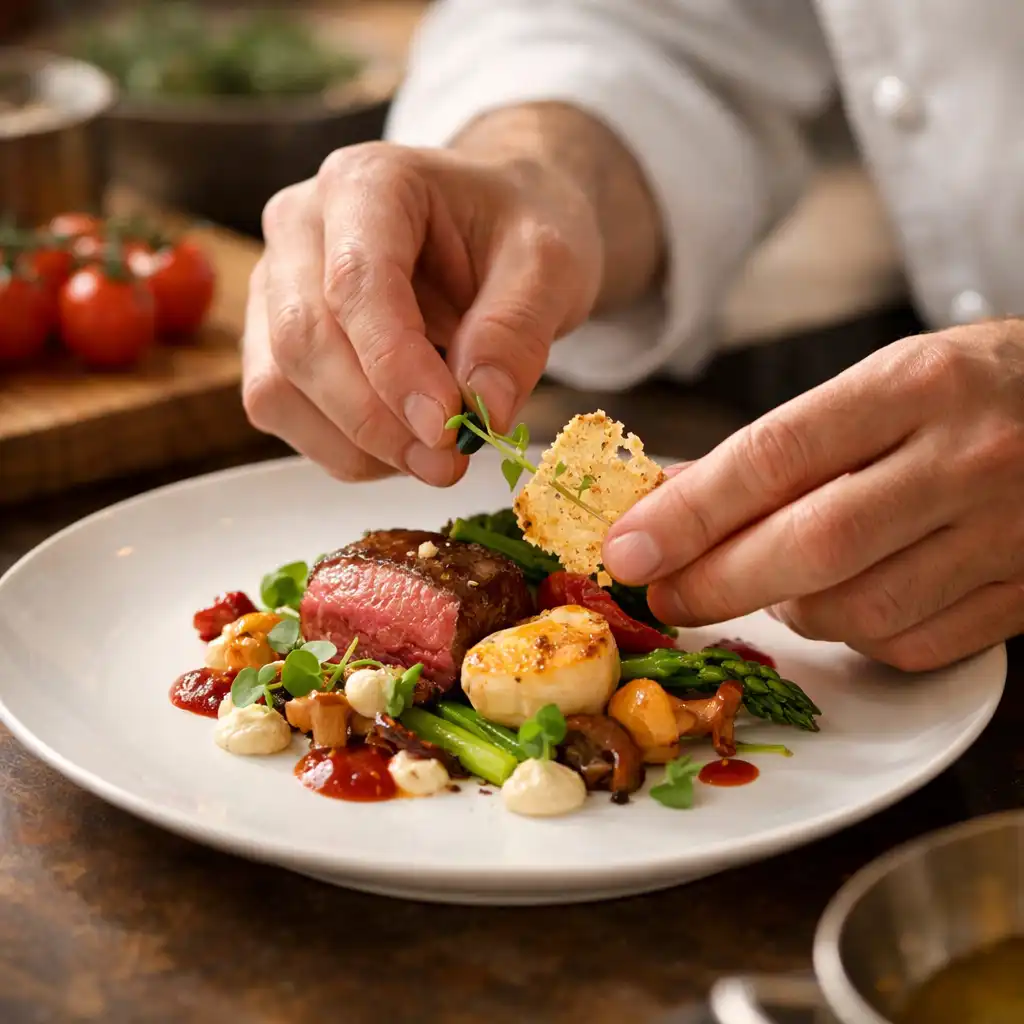 Mains d'un chef dressant une assiette raffinée avec précision
