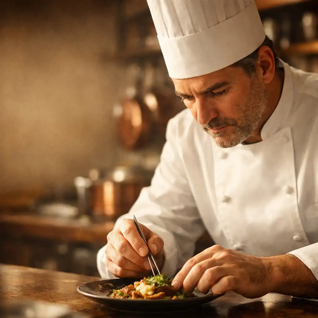 Portrait du chef en cuisine, concentré sur la préparation d'un plat