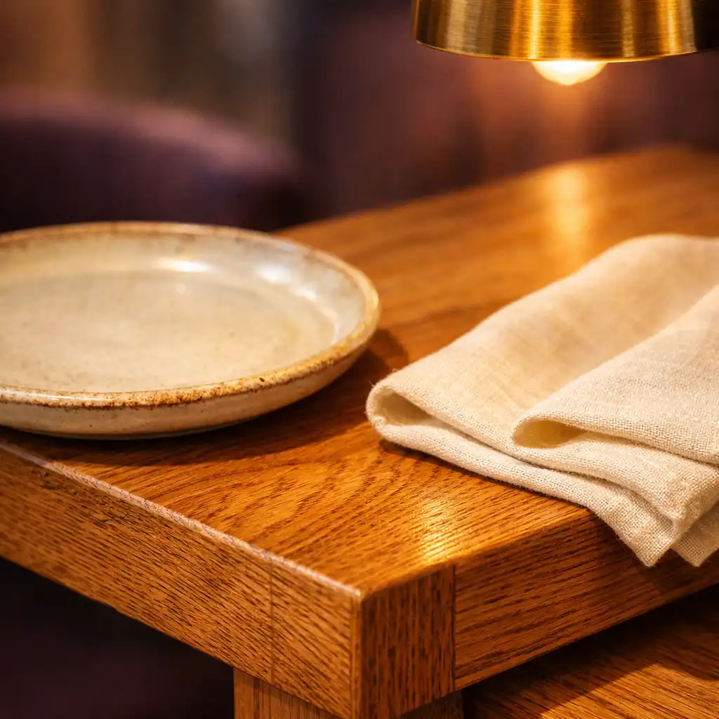 Détail du mobilier en chêne avec vaisselle en céramique et serviette en lin