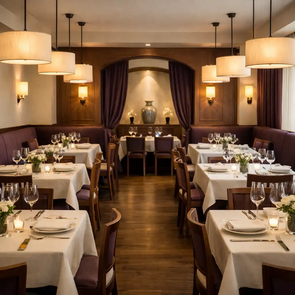 Vue d'ensemble de la salle à manger avec des tables dressées et des luminaires chaleureux