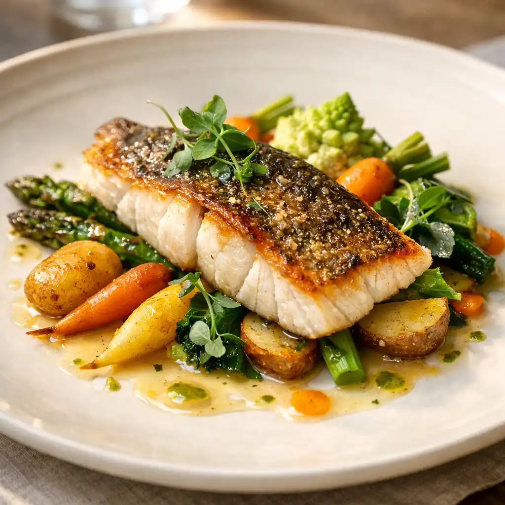 Filet de poisson rôti accompagné de légumes de saison et d'une sauce légère