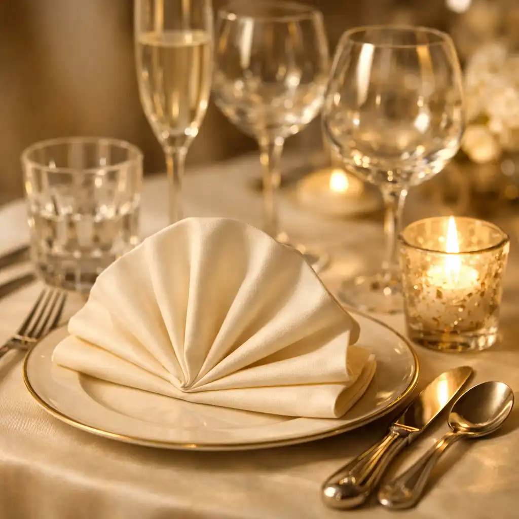 Détail d'une table dressée avec couverts, verres et petite bougie