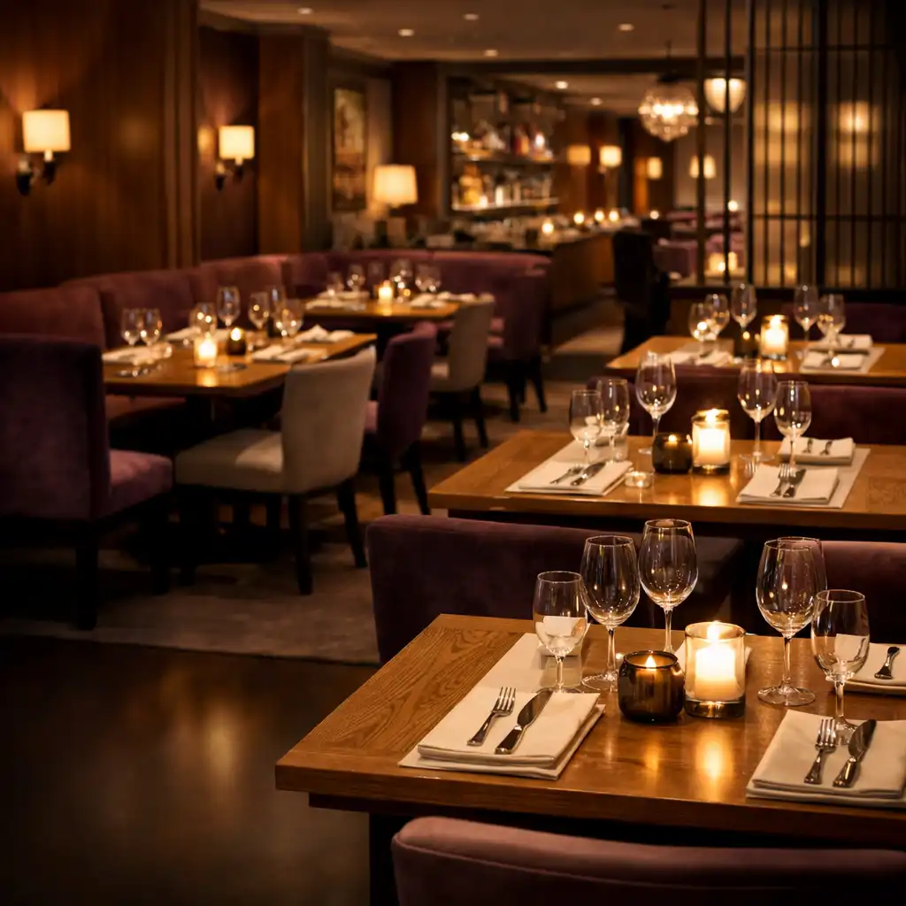 Salle de restaurant contemporaine avec des tables en chêne dressées, des verres à vin et une lumière tamisée