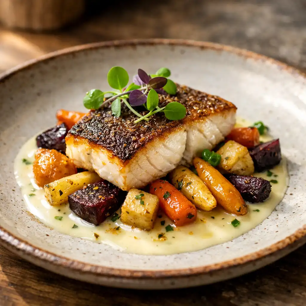 Plat signature du chef avec filet de poisson rôti, légumes racines et sauce au beurre blanc