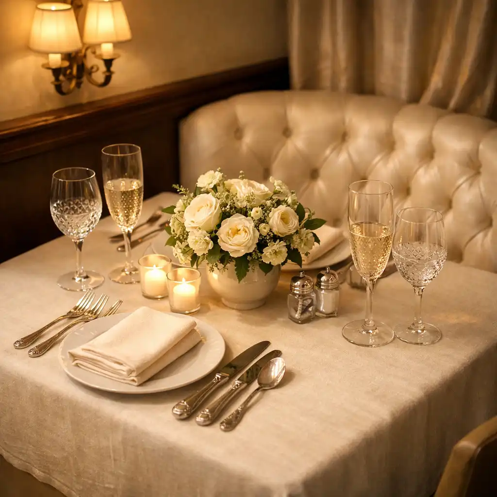 Table privée joliment dressée dans un coin intime avec nappe en lin et composition florale