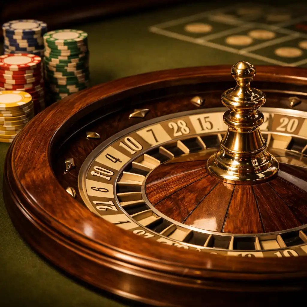 Table de roulette élégante avec cylindre en noyer, numéros ivoire et champagne, et jetons colorés empilés