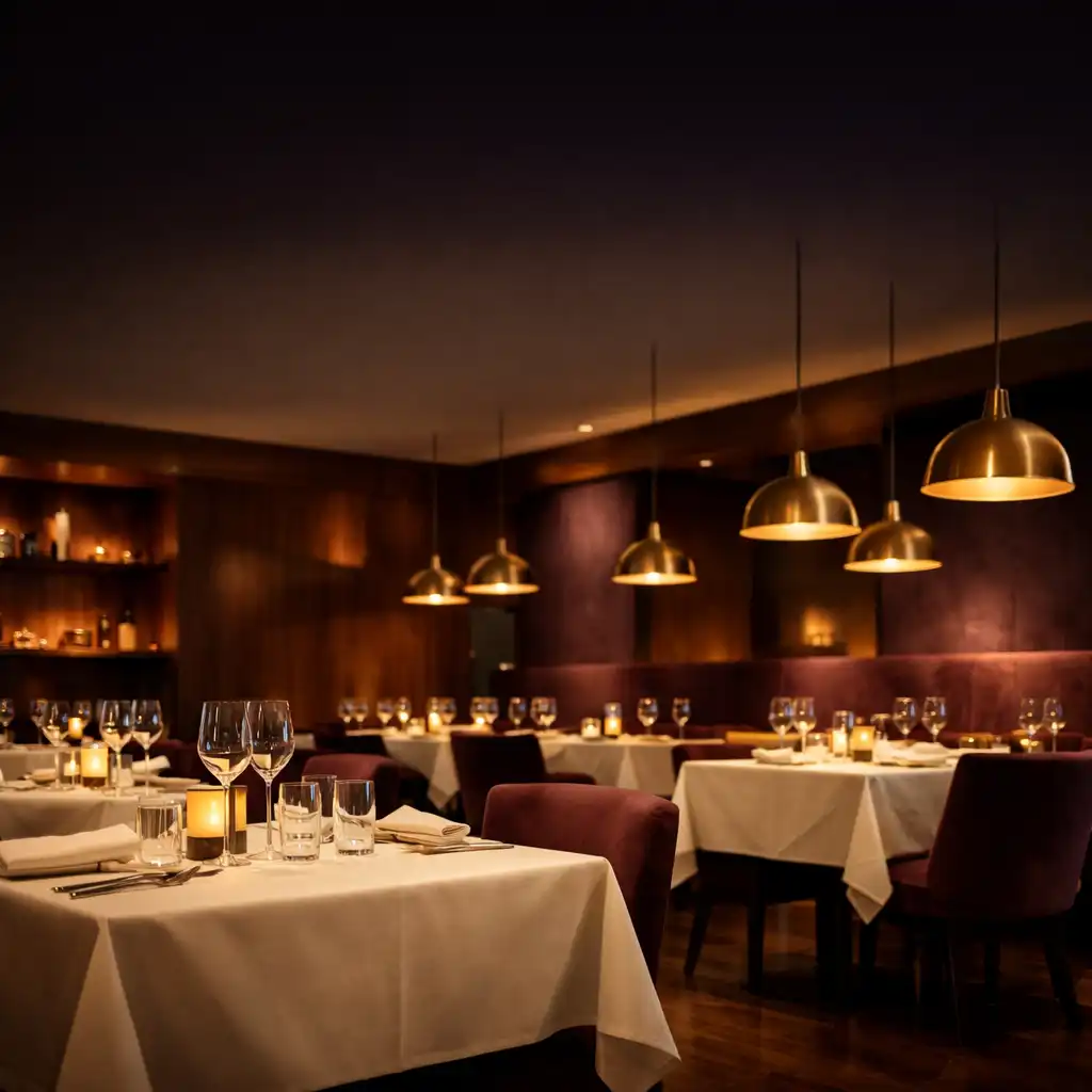 Salle à manger élégante du restaurant avec tables dressées et éclairage tamisé