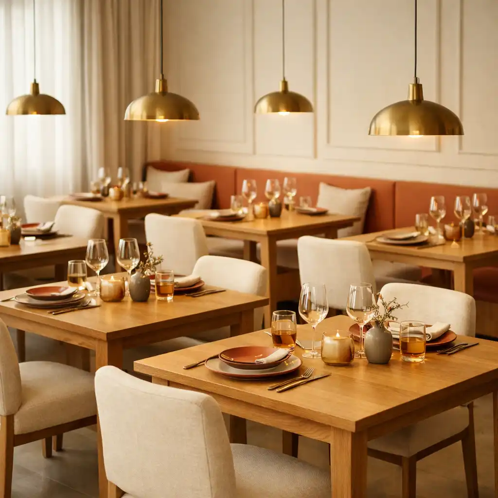 Vue d'ensemble de la salle à manger avec tables en chêne et éclairage chaleureux