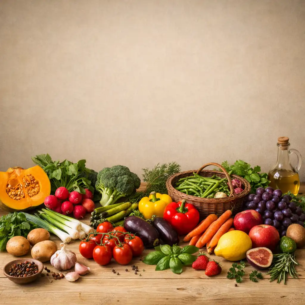 Produits frais de saison disposés sur une table en bois clair