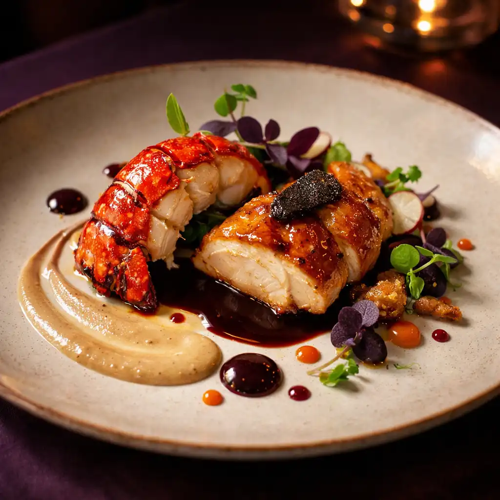 Assiette signature du chef avec un dressage sophistiqué et des touches de sauce