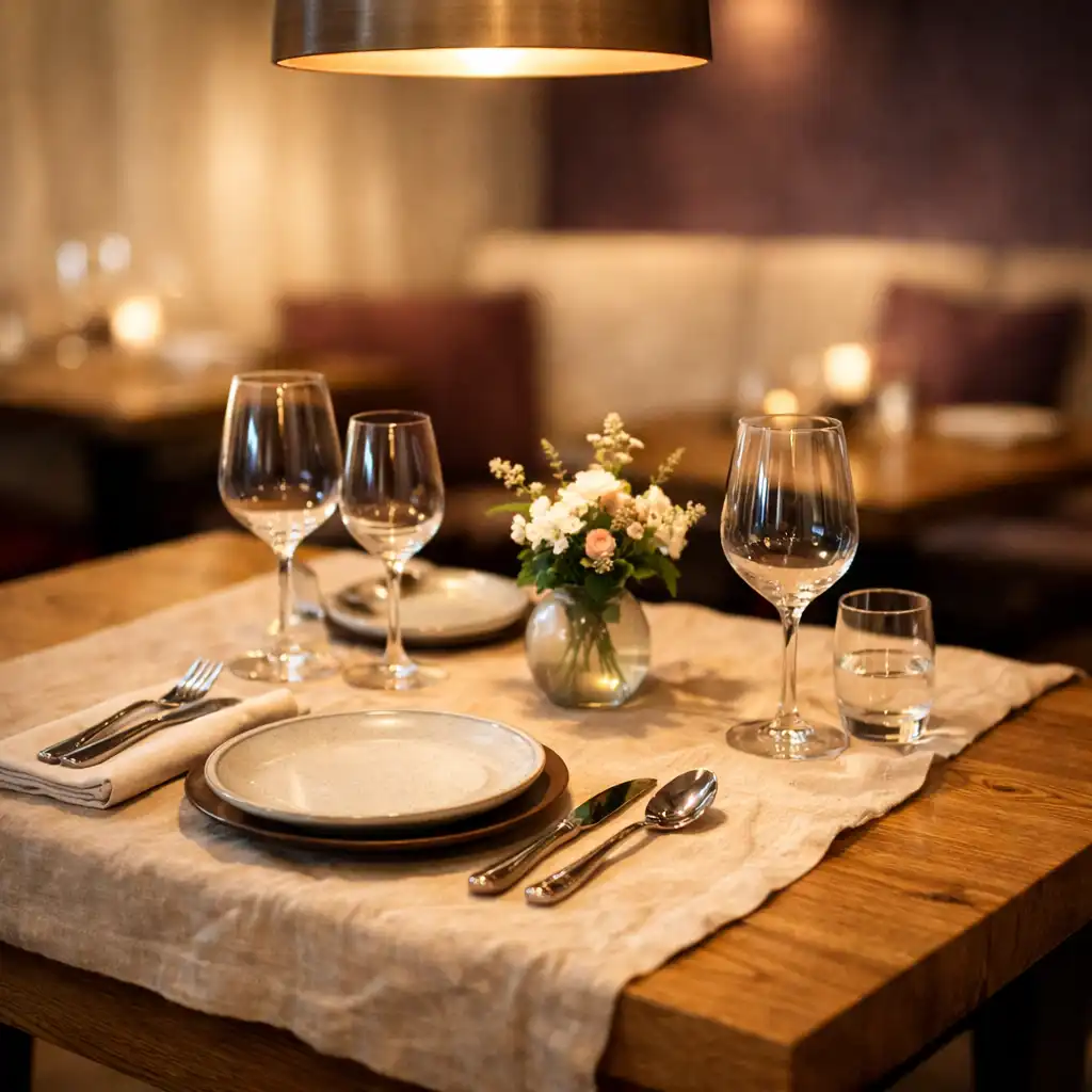 Table en chêne massif dressée avec élégance pour deux convives