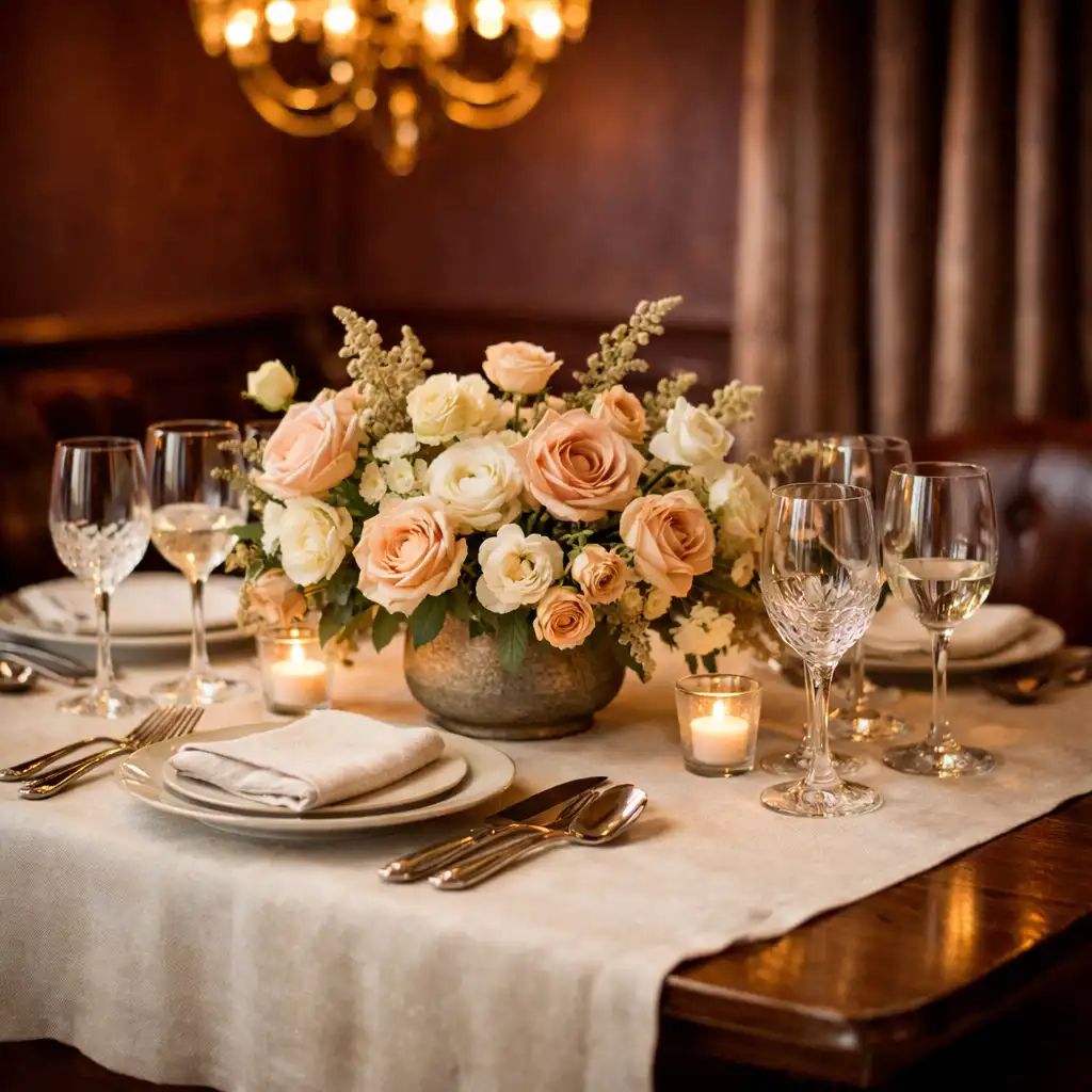Table privée élégamment dressée dans un salon feutré avec nappe ivoire et centre de table fleuri