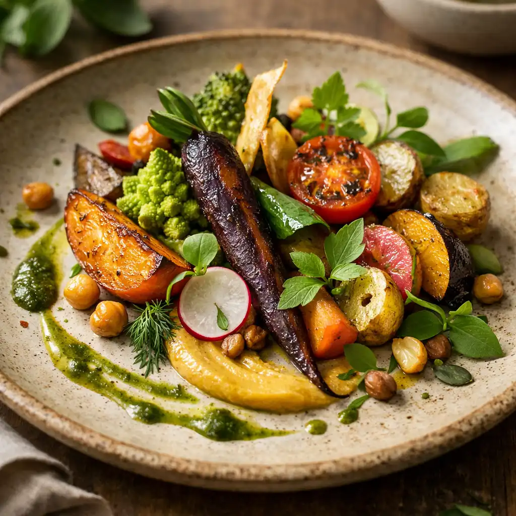 Plat végétal créatif et coloré avec des légumes rôtis et des herbes fraîches