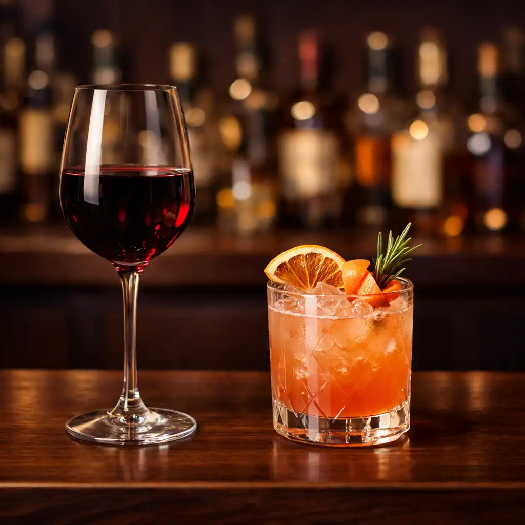 Verre de vin rouge et cocktail artisanal