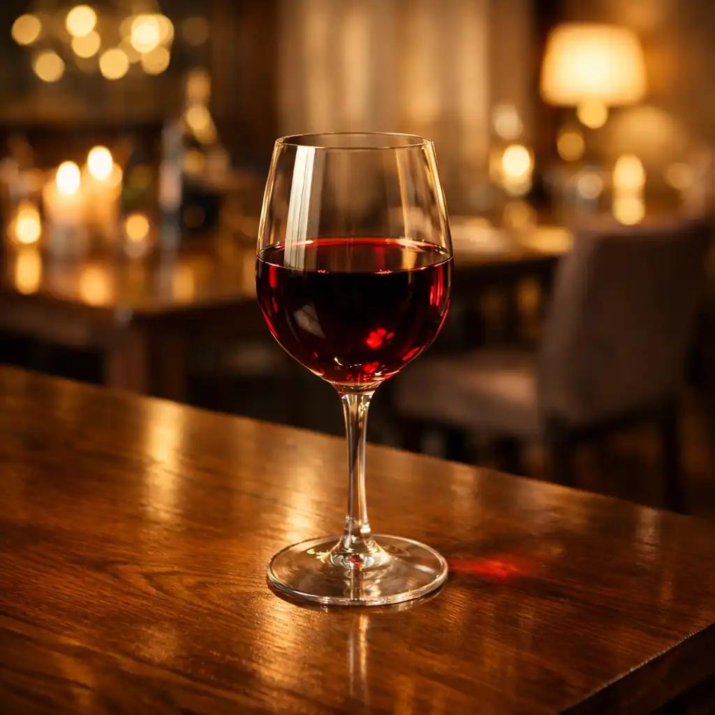 Verre de vin rouge posé sur une table en bois avec un fond flou de salle à manger
